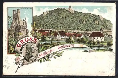 Künstler-AK Gerhausen, Teilansicht mit Kirche, Schiller-Denkstein, Fr. von Schiller