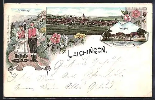 Lithographie Laichingen, Teilansicht, Marktplatz, Ufons`rer Alp