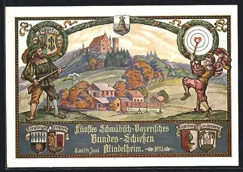 Künstler-AK Mindelheim, Fünftes Schwäbisch-Bayerisches Bundes-Schiessen 1913, Teilansicht mit Schützen, Wappen