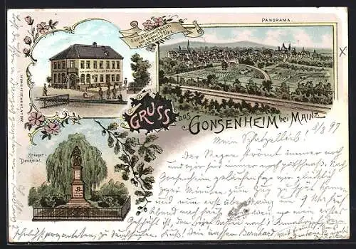 Lithographie Gonsenheim bei Mainz, Gast- & Weinwirtschaft zum schönen Tal, Krieger-Denkmal, Panorama