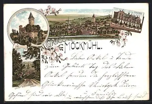 Lithographie Möckmühl, Götzenburg, Schulhaus, Blick von der Reichartshauser Strasse