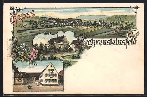 Lithographie Lehrensteinsfeld, Gasthaus, Strassenpartie, Teilansicht