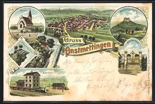 Lithographie Onstmettingen, Bahnhof, Hahndenkmal, Hängender Stein