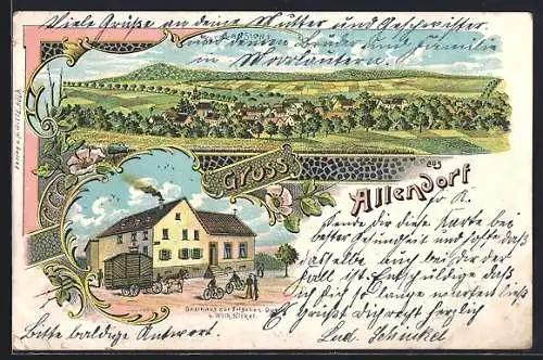 Lithographie Allendorf / Westerwald, Gasthaus zur frischen Quelle, Totalansicht