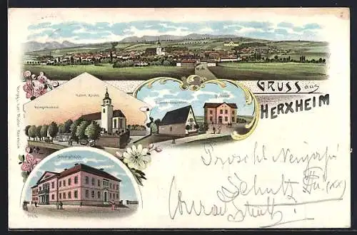 Lithographie Herxheim / Pfalz, Bahnhofsrestaurant und Bahnhof, Katholische Kirche und Kriegerdenkmal, Schulgebäude