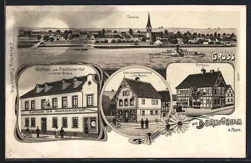 Lithographie Dörnigheim a. M., Gasthaus zum Frankfurter Hof, Kolonialwarenhandlung v. Carl Manns, Totalansicht