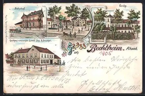 Lithographie Bechtheim /Rheinh., Gasthaus zum weissen Lamm, Kirche, Bahnhof