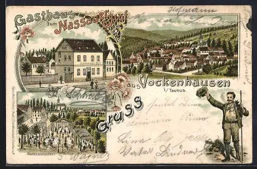 Lithographie Vockenhausen, Panorama, Gasthaus zum Nassauer Hof mit Gartenrestaurant