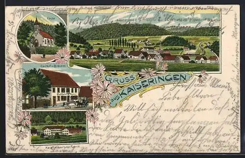 Lithographie Kaiseringen, Gasthof und Brauerei, Fabrik Kaufmann, Kirche