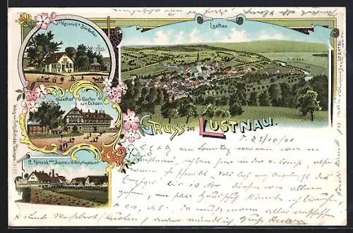 Lithographie Lustnau, Gasthof und Garten zum Ochsen, Gasthaus Bierkeller Heinrich, Brauerei und Wirtschaftsgebäude