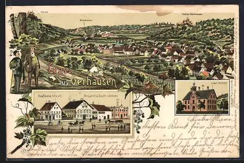 Lithographie Gerhausen, Brauerei und Gasthaus zum Ochsen und Geschäft von Kaufmann A. Knott, Schul-Rathaus, Teilansicht