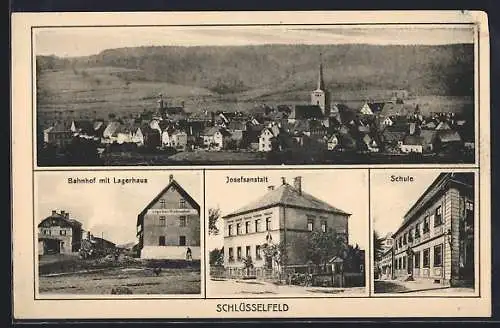 AK Schlüsselfeld, Bahnhof mit Lagerhaus, Josefsanstalt, Totalansicht