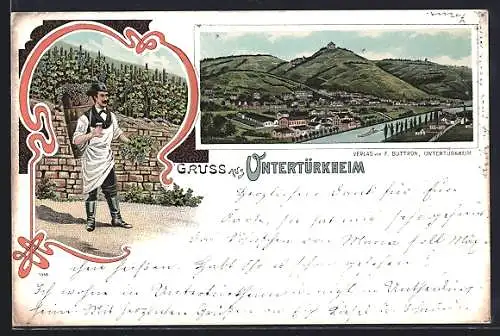 Lithographie Untertürkheim, Winzer vor Weinberg, Gesamtansicht mit Bergpanorama