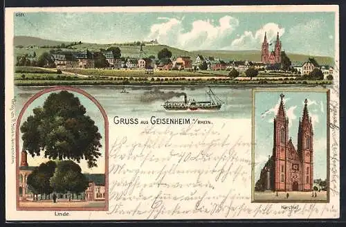 Lithographie Geisenheim /Rh., Linde, Kirche, Ortspanorama vom Rhein aus, Dampfer