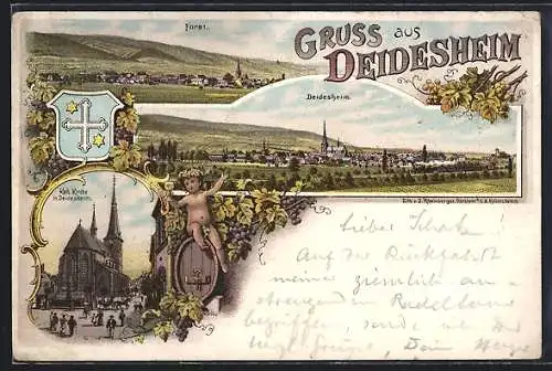 Lithographie Deidesheim, Kath. Kirche, Totalansicht, kleines nacktes Kind auf einem Fass