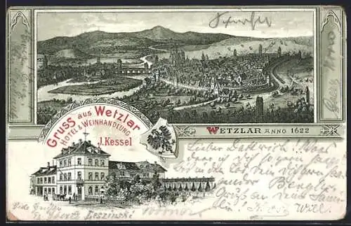 Lithographie Wetzlar, Hotel & Weinhandlung J. Kessel, Panorama anno 1622