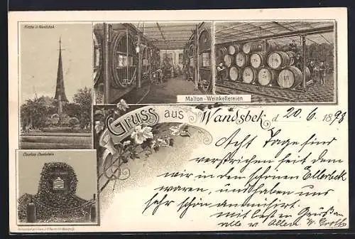 Lithographie Hamburg-Wandsbek, Malton-Weinkellereien, Claudius-Denkstein, Kirche