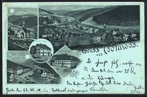 Mondschein-Lithographie Todtmoos, Gasthof Löwen, Pension Löwen, Hotel u. Kurhaus aus der Vogelschau