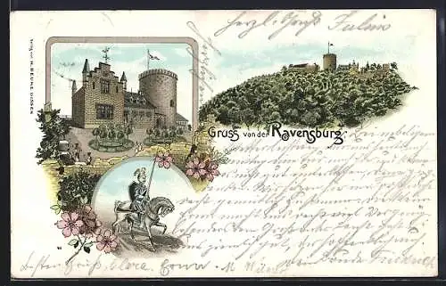 Lithographie Ravensburg / Borgholzhausen, Blick auf die Burg, Ritter zu Pferd
