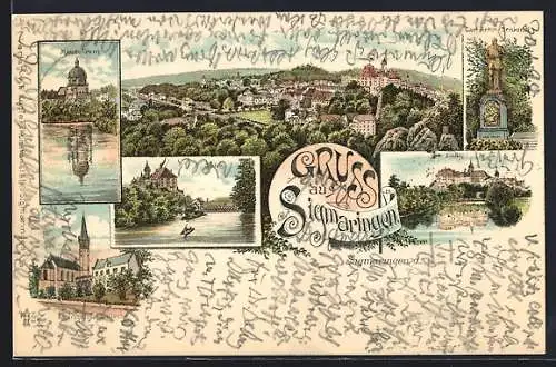 Lithographie Sigmaringen, Carl-Anton-Denkmal, Mausoleum, Totalansicht