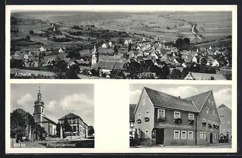 AK Altheim / Walldürn, Gasthaus zum Ochsen, Kolonialwarengeschäft, Kirche, Schulhaus und Kriegerdenkmal
