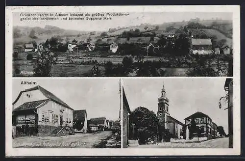 AK Altheim / Walldürn, Gemischtwaren-Postagentur J. Herhert, Kirche, Kriegerdenkmal, Schule, Grünkern-Dorre