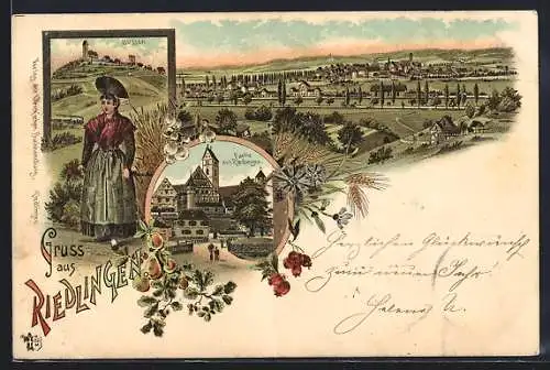Lithographie Riedlingen / Württ., Bussen, Trachtenbbild, Totalansicht