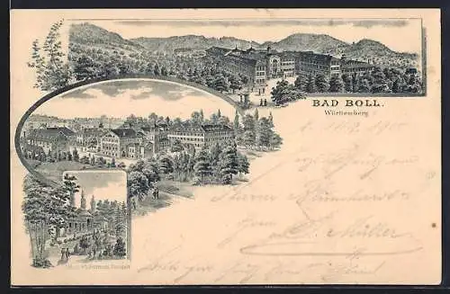 Lithographie Bad Boll / Württ., verschiedene Ortsansichten mit Hotel