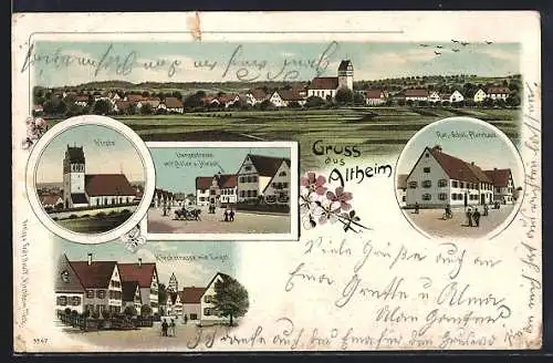 Lithographie Altheim / Alb, Langestrasse mit Gasthaus Adler & Hirsch, Kirchstrasse mit Gasthaus Engel