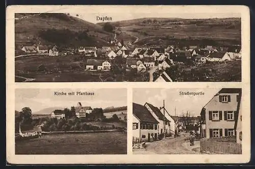 AK Dapfen, Kirche mit Pfarrhaus, Strassenpartie, Totalansicht