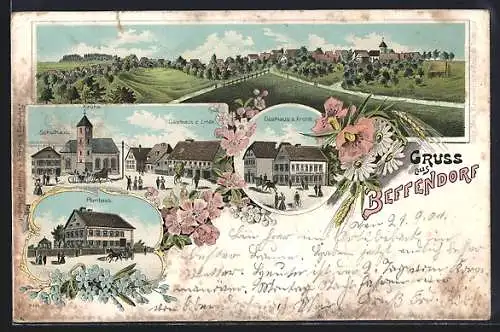 Lithographie Beffendorf, Totalansicht, Gasthaus z. Krone, Gasthaus zur Linde & Schulhaus