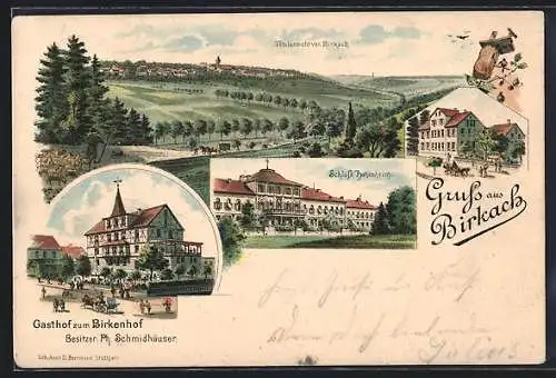 Lithographie Birkach / Hohenheim, Hotel zum Birkenhof, Totalansicht, Schloss Hohenheim