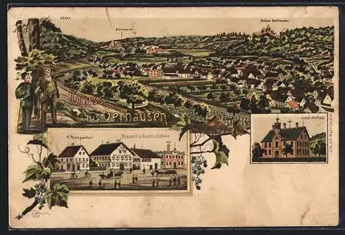 Lithographie Gerhausen, Brauerei-Gasthaus z. Ochsen u. Postagentur, Schul-Rathaus, Gesamtansicht mit Wanderern