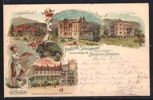 Lithographie Baden-Baden, Pension Schirmhof, Conditorei Café Zabler, Depandance Villa Victoria