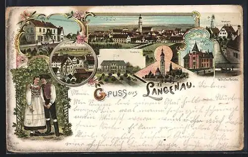Lithographie Langenau / Württ., Ortsansicht, Turnhalle, Wilhelmsbrücke, Marktplatz, Paar in Tracht