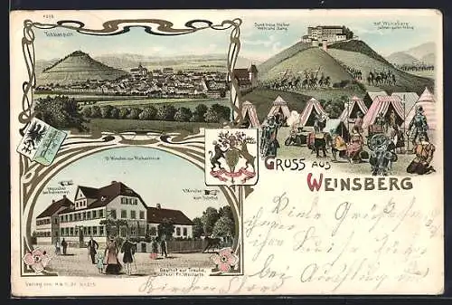 Lithographie Weinsberg, Totalansicht, Gasthof zur Traube