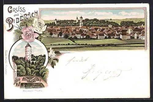 Lithographie Biberach / Riss, Weisser Thurm, Gesamtansicht mit Feldern