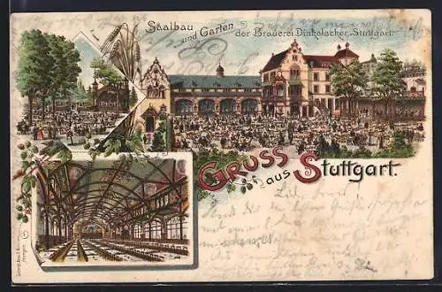 Lithographie Stuttgart, Gasthaus, Saalbau und Garten der Brauerei Dinkelacker, Hopfen und Getreideähren