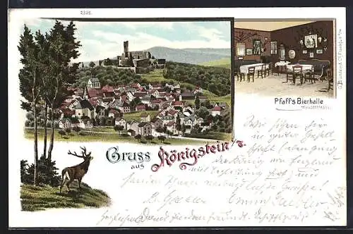 Lithographie Königstein / Taunus, Bierhalle Pfaff an der Hauptstrasse, Gesamtansicht vom Ort