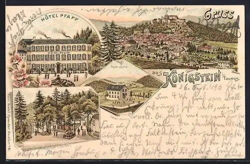 Lithographie Königstein i. Taunus, Hotel Pfaff, Dependance mit Tennis-Platz