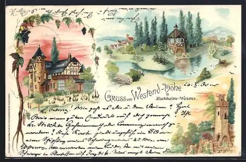 Lithographie Worms-Hochheim, Gasthaus Westend-Höhe, Burgruine und Flusspartie