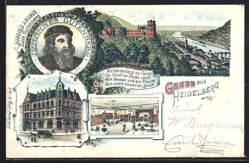 Lithographie Heidelberg / Neckar, Kaufmann-Verein mit Innenansicht, Gesamtansicht, Portrait Johannes Gutenberg