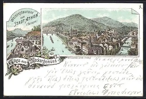 Lithographie Neckargemünd, Weinrestaurant zur Stadt Athen, Terrasse, Totalansicht mit Brücken u. Bergpanorama