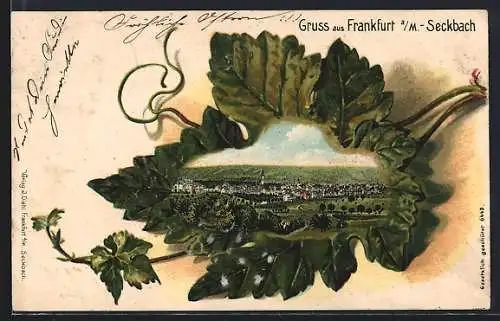 Passepartout-Lithographie Frankfurt a. M.-Seckbach, Gesamtansicht im Weinblatt