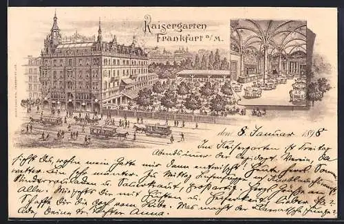Lithographie Frankfurt a. M., Gaststätte Kaisergarten mit Garten u. Strassenbahnen aus der Vogelschau, Innenansicht