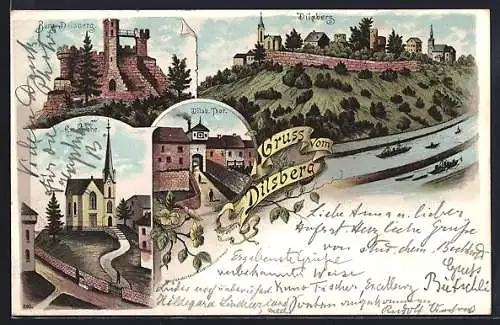 Lithographie Dilsberg, ev. Kirche, Burg, Thor