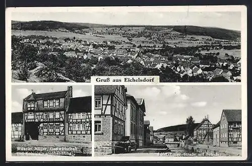 AK Eichelsdorf / Hessen, Gasthaus-Kolonialwaren W. Müller, Str. mit Schule, Gesamtansicht