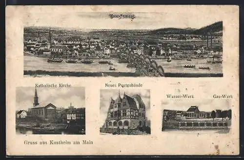 AK Kostheim am Main, Wasser- u. Gaswerk, Totalansicht mit Mainbrücke, Postgebäude