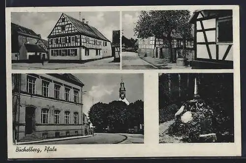 AK Büchelberg /Pfalz, Gasthaus zur Rose E. Nikola, Strassenpartie mit Kirche, Denkmal