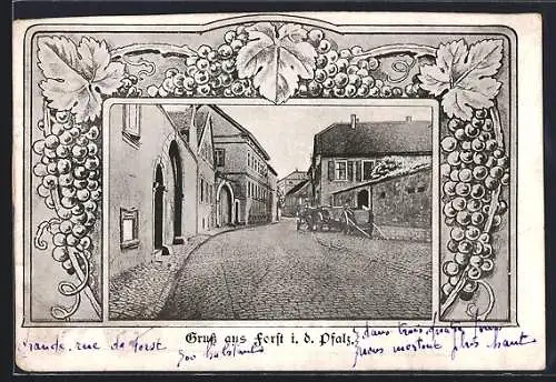 AK Forst /Pfalz, Strassenpartie mit Fuhrwerk u. Karren, Weintrauben-Rahmen